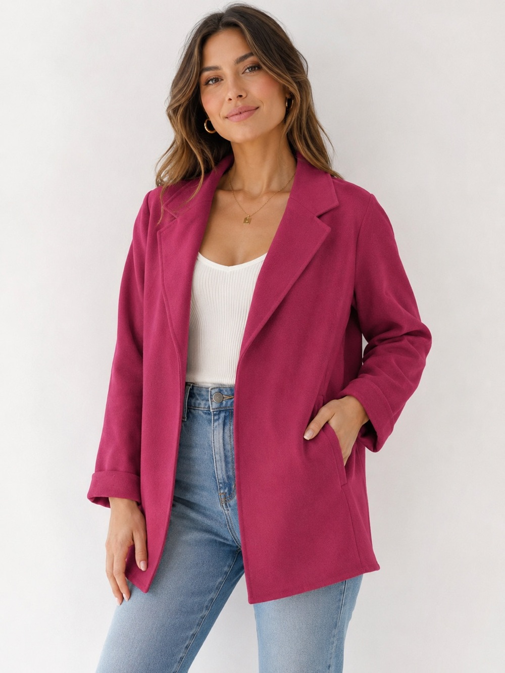 Eileen Fisher Raspberry Virgin Wool Cashmere Blend Open-Front Blazer Sz. M